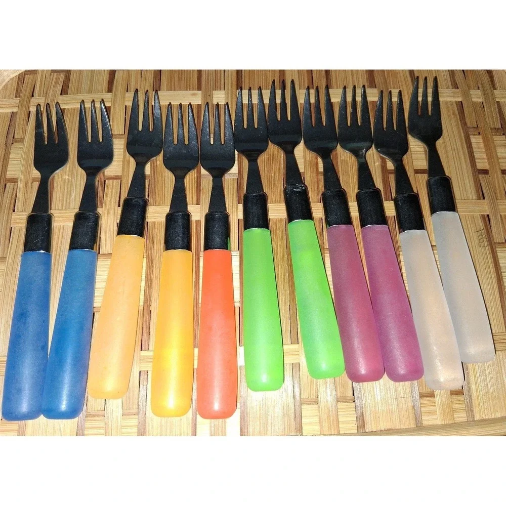 Vintage MCM Lucite Style Handle Cocktail Seafood Forks Set of 11 Rainbow Stainle